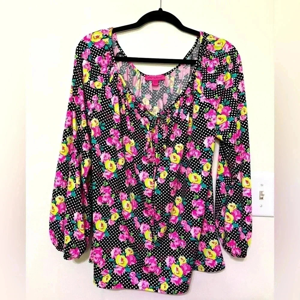 Betsey Johnson Polka Dot and Colorful Floral Long Sleeve Blouse Size L